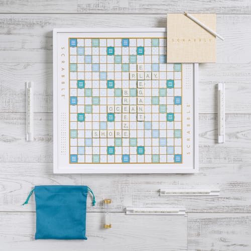 WS Game Company Scrabble Bianco Edition with Rotating Wooden Game Board | Coastal Aesthetic, Turntable, Raised Letter Tile Grid, Classic Word Game for 2-4 Players, Adults, Families and Kids Ages 8+