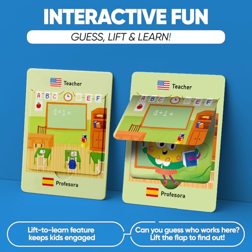 Kidrox Career & Professions Flash Cards, English Learning Cards with Spanish Translations, Interactive Open & Cover, 30 Pack - style: Professions