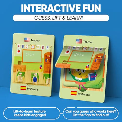 Kidrox Career & Professions Flash Cards, English Learning Cards with Spanish Translations, Interactive Open & Cover, 30 Pack - style: Professions
