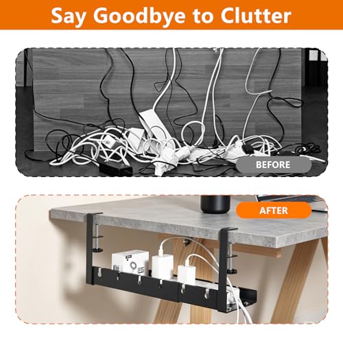 Under Desk Cable Management Tray, Expandable 25.2inch-38.6inch No Drill Clamp-On Wire Organizer, Heavy Duty Metal Cord Hider for Standing Desk Home Office, Black