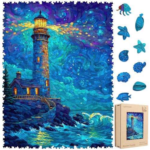 Leodozzio 1000Pcs Wooden Jigsaw Puzzle Lighthouse Decor Gift 17.5x23.2in | 5mm Thick LightHouse design,hand-painted unique shape pieces,House art Wall Decor,brain teaser,Relaxing Gift for Adults&Teens - color: Lighthouse, size: 1000 pieces