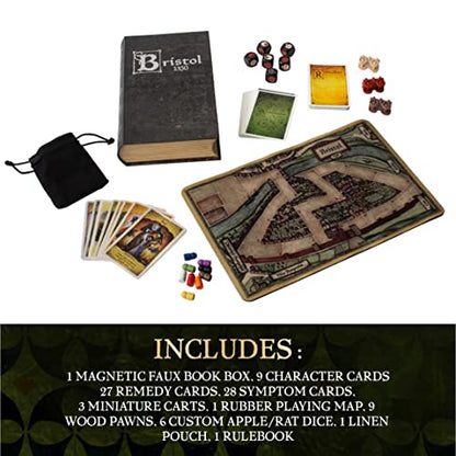 Facade Games Bristol 1350 Board Game, Strategy & Deceit for 1-9 Players | Ages 14 and Up, Solo & Party Play, Social Deduction Game, 9 Character Cards & Custom Dice - style: Bristol 1350