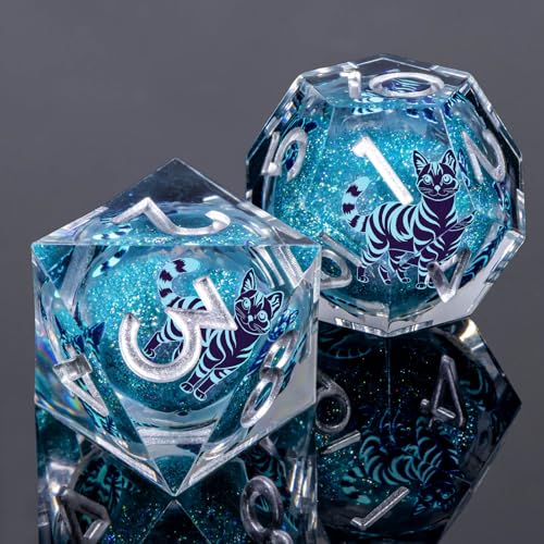 KERWELLSI Cat Liquid Core DND Dice Set with Gift Box, 7Pcs Resin Dungeons Sharp Edge D&D Dice, Dragons D and D Role Playing Dice D20 D12 D10 D8 D6 D4, Blue - color: Blue and Blue Cat