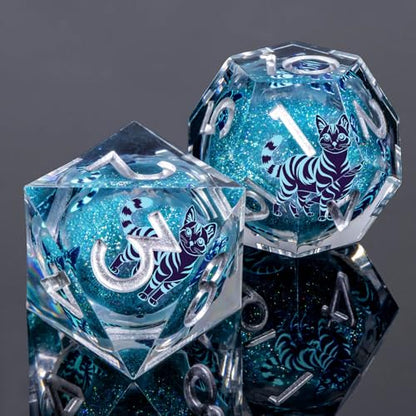 KERWELLSI Cat Liquid Core DND Dice Set with Gift Box, 7Pcs Resin Dungeons Sharp Edge D&D Dice, Dragons D and D Role Playing Dice D20 D12 D10 D8 D6 D4, Blue - color: Blue and Blue Cat