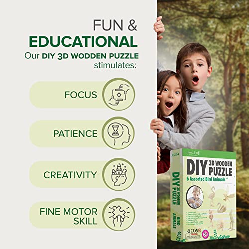 Hands Craft DIY 3D Wooden Puzzle – 6 Assorted Bird Animals Bundle Pack Set Brain Teaser Puzzles Educational STEM Toy Adults and Kids to Build Safe and Non-Toxic Easy Punch Out Premium Wood JP2B4 - color: Bird Animals