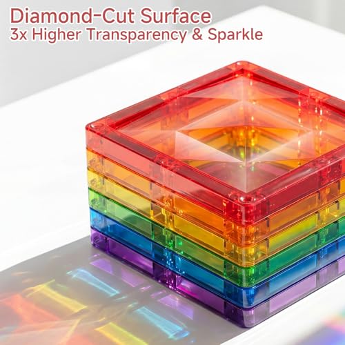 Large Diamond Magnetic Building Tiles: 48 PCS Deluxe 3D Play Blocks | 3x Sparkling Transparent Cut - 7.5cm Big Size STEM Sensory Toy with Tin Box Storage Organizer for Toddlers Age 3-6 Birthday - style: Large Magnetic Tiles - 48PCS