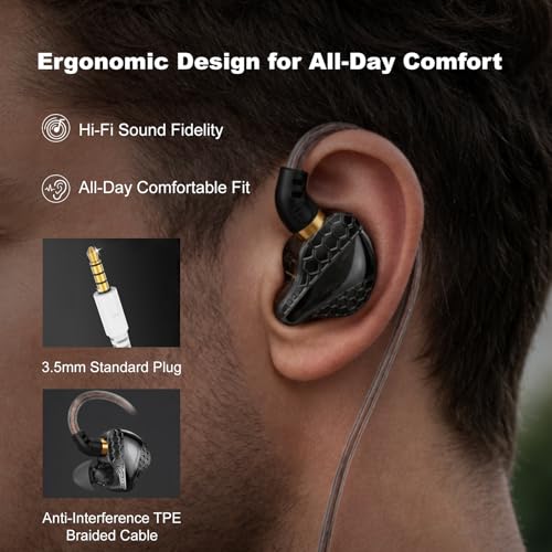 In Ear Monitor Headphones Dual Magnetic Dynamic Driver IEM with Mic, Black | Hybrid Banlance Armature with Dynamic in Ear Headphones IEM Earphones Gaming Earbuds - color: H89-Black