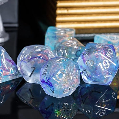 UDIXI D&D Polyhedral Dice Set Glitter and Cyan Swirls for Role Playing Game | Purple Cyan Colors, Dreamy Effect, Velvet Dice Bag Packaging, for Dungeons and Dragons Role Playing Games and Tabletop Games - color: Purple With Cyan