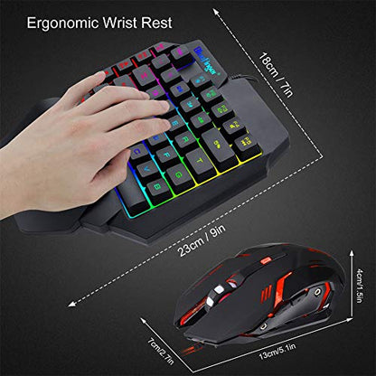 One Hand RGB Gaming Keyboard and Backlit Mouse Combo, USB Wired Rainbow Letters Glow Single Hand Mechanical Feeling With Wrist Rest Support, Gaming Set for Game