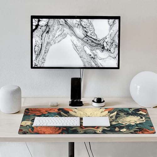 Japanese Mouse Pad, Hannya Mask Desk Mat with Floral Design, XL Gaming Mouse Pad 35.4 x 15.7 Inch, Non-Slip Rubber Base with Stitched Edges for Office and Gaming - color: Green And Gold