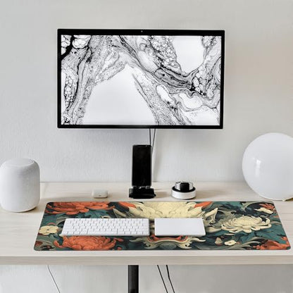 Japanese Mouse Pad, Hannya Mask Desk Mat with Floral Design, XL Gaming Mouse Pad 35.4 x 15.7 Inch, Non-Slip Rubber Base with Stitched Edges for Office and Gaming - color: Green And Gold