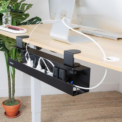 Mount-It! Under Desk Cable Management Tray – Clamp-On No-Drill Metal Cable Management Tray for Desk & Standing Desk, Wire & Cord Organizer for Power Strips, Glass Desks – 23.6” Black