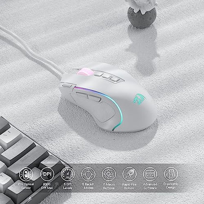 Redragon M612 Wired RGB Optical Gaming Mouse 8000 DPI Remapping Keys | Cable-Free 0 Delay, Redefine Keybinding Macro, Vibing Backlight, Ergonomic Grip Body Comfort - color: White, style: Wired
