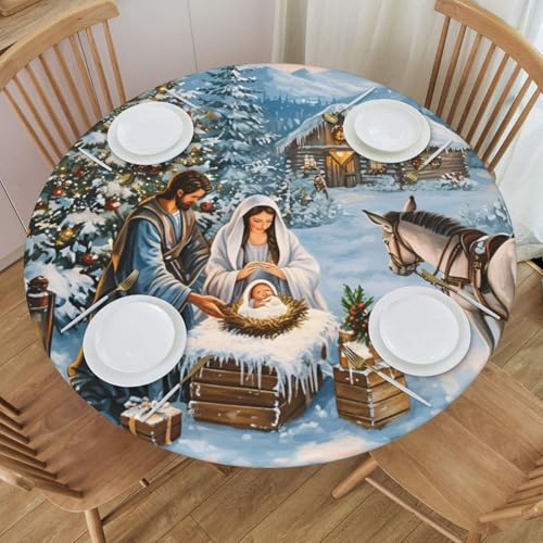 Delerain Nativity Christmas Tree Horse Round Fitted Tablecloth, Waterproof Round Table Cloth with Elastic Edged Washable Table Cover for Indoor Outdoor Fits 45"-50" Tables, Medium - color: Nativity Christmas Tree Horse, size: 50" (Round)