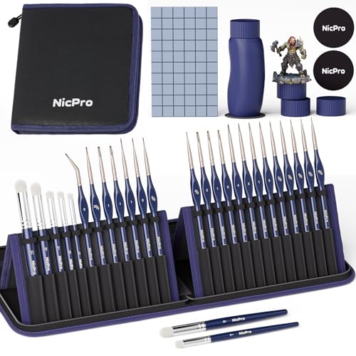 Nicpro Professional Miniature Painting Kit - 25PCS Miniature Paint Brushes Drybrush with Magnetic Painting Handle, Model Paint Brushes for Miniatures, Model, Craft, Acrylic Painting, with Nylon Bag - color: Blue