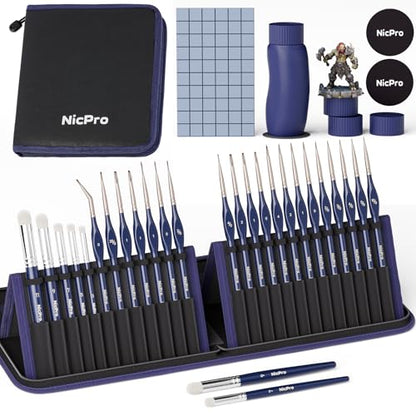 Nicpro Professional Miniature Painting Kit - 25PCS Miniature Paint Brushes Drybrush with Magnetic Painting Handle, Model Paint Brushes for Miniatures, Model, Craft, Acrylic Painting, with Nylon Bag - color: Blue