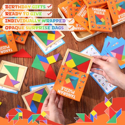 Dunzoom 50 Pack Wooden Tangram Puzzle for Kids, Bulk Party Favors and Classroom Rewards, Stem Learning Jigsaw Games, Educational Brain Teaser Toys, Goodie Stuffers for Ages 4-8 (Vibrant Bright) - color: Vibrant Bright