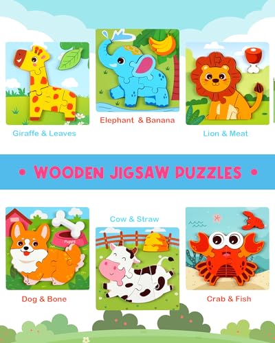 Wooden Puzzles for Toddlers 1-3, 6pcs Animal Jigsaw Puzzles for Toddlers, Montessori Educational Learning Toys for Kids Ages 1-4,Gifts for Boys Girls