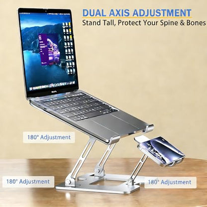 Laptop & Phone 2-in-1 Cooling Stand with Silent Fan, Adjustable Height & Angle, Carbon Steel Foldable Laptop Riser, Gaming Laptop Cooler Pad for Laptops Up to 18 Inch (Silver) - color: Silver