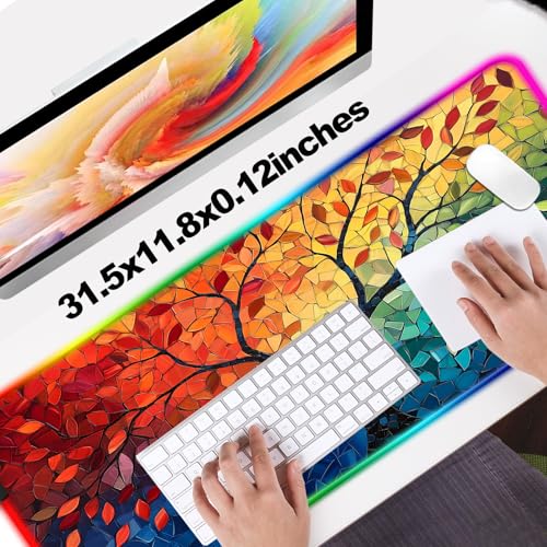 RGB Fantasy Tree of Life Gaming Desk Mat, Computer Keyboard Large Extended Long Abstract LED Mouse Pad for Office and Home, XL (W04) - color: Rgb-w04