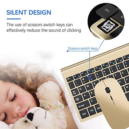 Wireless Keyboard and Mouse Ultra Slim Combo, TopMate 2.4G Silent Compact USB 2400DPI Mouse and Scissor Switch Keyboard Set with Cover, Batteries Included, for PC/Laptop/Windows/Mac - Gold Black - color: Gold Black