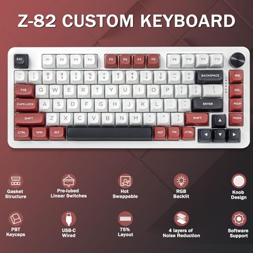 E-YOOSO 75% Wired Mechanical Gaming Keyboard, Creamy Sound, White/Red | Hot Swappable Pre-lubed Red Switches, Gasket Structure, Knob Control, Quiet Portable 75% Compact Custom for PC - color: White Red, Linear Switch