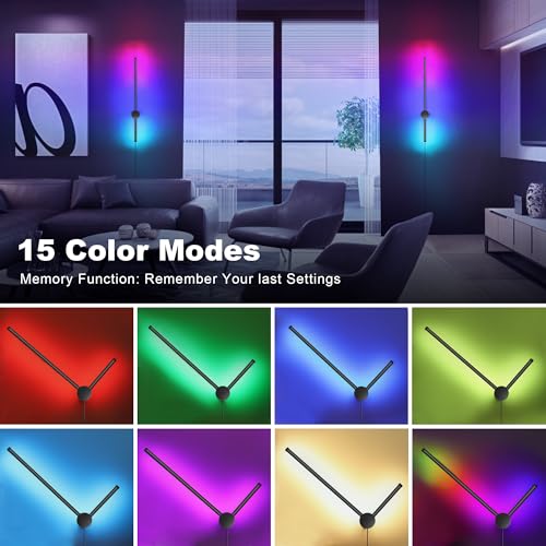 RGB LED Wall Sconces Set of Two with Remote, 15 Color Modes, Dimming, DIY 180° Rotate, Black Plug in Wall Sconces with Warm Light, Dynamic Multicolor Ambience Lights, Plug in Wall Light, 23.6 Inches