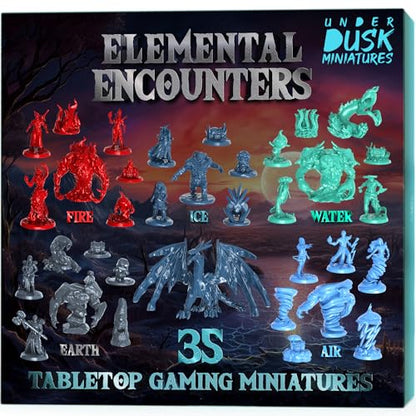 Underdusk Elemental Encounters: 35 DND Miniatures for D&D Campaign – Fire, Ice, Water, Air & Earth Figures with 5 Treasure Chests, 28mm Unpainted Tabletop Minis, 5e Stat Blocks Included