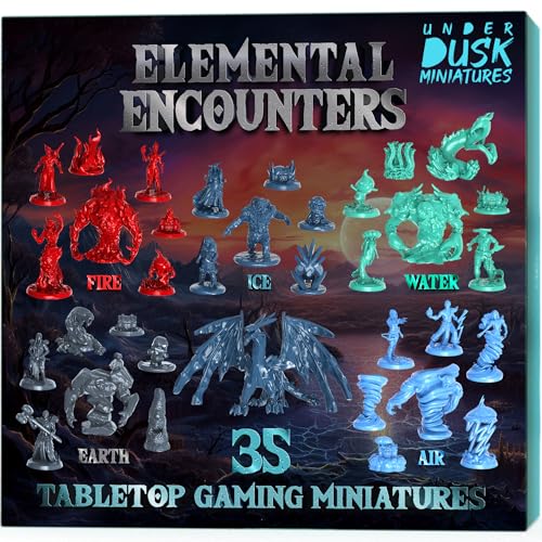 Underdusk Elemental Encounters: 35 DND Miniatures for D&D Campaign – Fire, Ice, Water, Air & Earth Figures with 5 Treasure Chests, 28mm Unpainted Tabletop Minis, 5e Stat Blocks Included