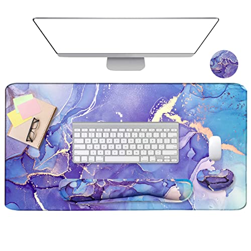 Large Mouse Pad and Keyboard Wrist Rest, Desk Pad for Keyboard and Mouse, 4-in-1 Large Gaming Mouse Pad with Wrist Support - Purple Marble - color: Purple Blue Marble