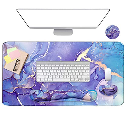 Large Mouse Pad and Keyboard Wrist Rest, Desk Pad for Keyboard and Mouse, 4-in-1 Large Gaming Mouse Pad with Wrist Support - Purple Marble - color: Purple Blue Marble