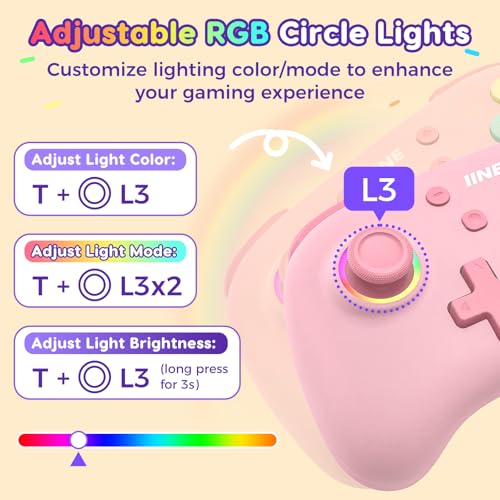 IINE Wireless Controller for Switch/PC/Android/IOS, Cute Gamepad with RGB Lights, Mini Pro Controller with Turbo/Macro/NFC Amiibo/Motion Sensor/Wake-Up/Rumble (Pink) - color: Pink