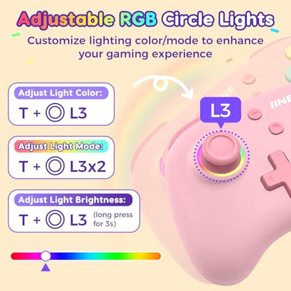 IINE Wireless Controller for Switch/PC/Android/IOS, Cute Gamepad with RGB Lights, Mini Pro Controller with Turbo/Macro/NFC Amiibo/Motion Sensor/Wake-Up/Rumble (Pink) - color: Pink