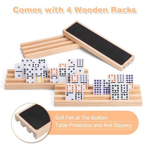 Mexican Train Double 12 Dominoes Set - 91 Tiles with 4 Wooden Trays & Travel Case, Family Board Game for Adults Kids Party Travel - style: 4 Tiles Holders, 91 Tiles Double 12 Dominoes Game Set