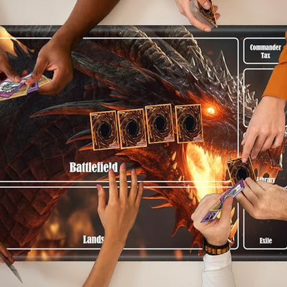 Board Game Mat TCG Playmat Plus 50 Pcs Card Sleeves, 24 x 14 inches Table Mats Games Mousepad with Zones Smooth Surface for MTG RPG CCG Trading Card Game Play Mats, Fiery Dragon - color: Fiery Dragon, size: Zone 1