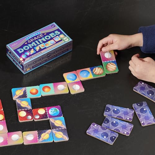 eeBoo Space Mini Dominoes Game - 28 Piece Planet Themed Set, Silver Holographic Foil Tiles, Tile Laying Matching Game, Screen-Free Fun, Kids Ages 3+ - style: Space