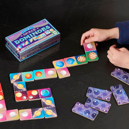 eeBoo Space Mini Dominoes Game - 28 Piece Planet Themed Set, Silver Holographic Foil Tiles, Tile Laying Matching Game, Screen-Free Fun, Kids Ages 3+ - style: Space