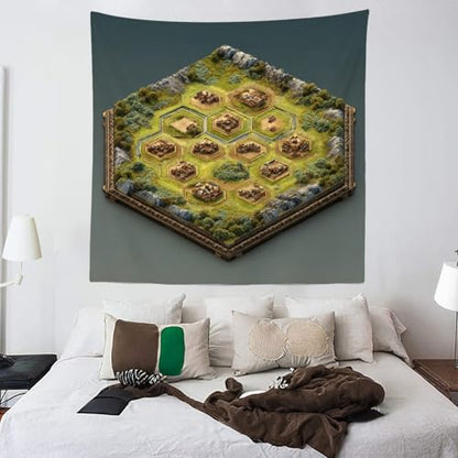 Batmerry Hex Grid Battlefield Miniature Terrain Tapestry, Isometric Game Map With Villages Wall Art Hanging Polyester Fiber White Ruffled Around for Dorm Room Bedroom Living Room, 59.1x59.1 inches