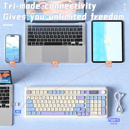 AULA S99 Pro Gaming Keyboard, Cute Creamy Keyboard with Number Pad Smart Screen, Tri-Mode Bluetooth/2.4G/USB-C Computer Keyboards, Media Knob Custom RGB Backlit Feel for MAC Xbox PC Gamer - Purple - color: Purple White