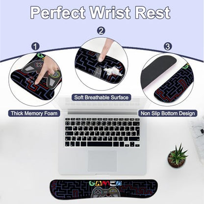 MEGREZ 4-in-1 Mouse Pad with Wrist Rest Ergonomic Memory Foam Desk Mat Set | ergonomic, anti-slip base, 4pcs set, desk pad, mouse wrist rest, keyboard rest, coaster, ideal for office & gaming - color: Black