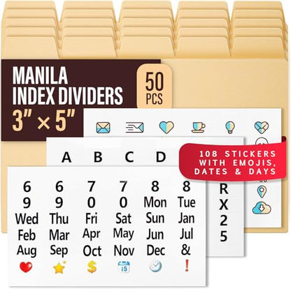 50 Heavyweight Manila Index Card Dividers 3x5 with Tabs & Alphabet Stickers for Recipe Cards - color: 50 Pcs, size: 3 x 5 Inches