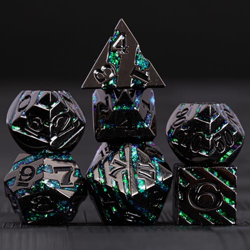 Metal Dice Set with Inlay Design, Heavy Zinc Alloy DND Dice for RPG & Tabletop Gaming - color: Black Nickel Dark Green