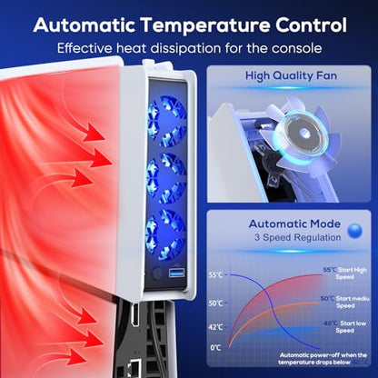 FASTSNAIL Cooling Fan wih LED Light for PS5 Slim Disc/Digital Console | Efficient Cooling with 3 Fan, Auto Power On/Off, Adjustable Speed, USB3.0 Port & LED Light, Silent Cooler System for PS5 Slim - color: White/Black