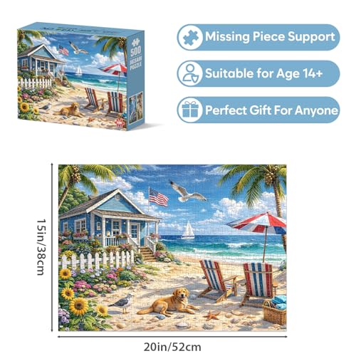 500 Piece Jigsaw Puzzle for Adults, Beach Seaside Puzzle with House Sunflowers Dogs Seagulls, Coastal Landscape Puzzles 500 Piece for Seniors Teens, Funny Relaxing Family Puzzles Gift 20.5 x 15 in