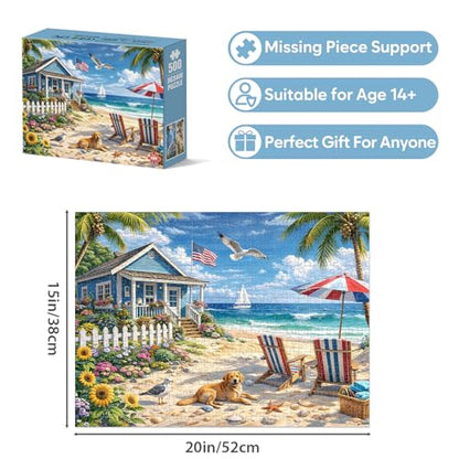 500 Piece Jigsaw Puzzle for Adults, Beach Seaside Puzzle with House Sunflowers Dogs Seagulls, Coastal Landscape Puzzles 500 Piece for Seniors Teens, Funny Relaxing Family Puzzles Gift 20.5 x 15 in