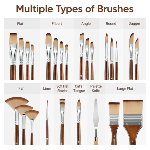 25pcs Paint Brush Set, Professional Paint Brush Set with Cloth Roll and Paint Spatula, Nylon Brushes for Acrylic Painting,Watercolor,Oil,Gouache, Art Supplies for Beginners and Artists (Wood)