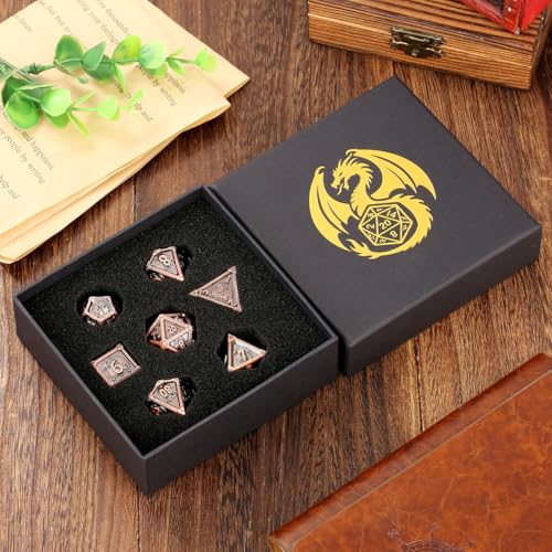 Metal Dice Set, Fly Dragon Pattern, 7pcs Polyhedral Metal DND Dice Set, DND Starter Set, D&D Gifts with Gift Box, Role Playing Board Games Accessories, Red Copper ﻿ ﻿ - color: Red Copper