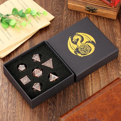 Metal Dice Set, Fly Dragon Pattern, 7pcs Polyhedral Metal DND Dice Set, DND Starter Set, D&D Gifts with Gift Box, Role Playing Board Games Accessories, Red Copper ﻿ ﻿ - color: Red Copper