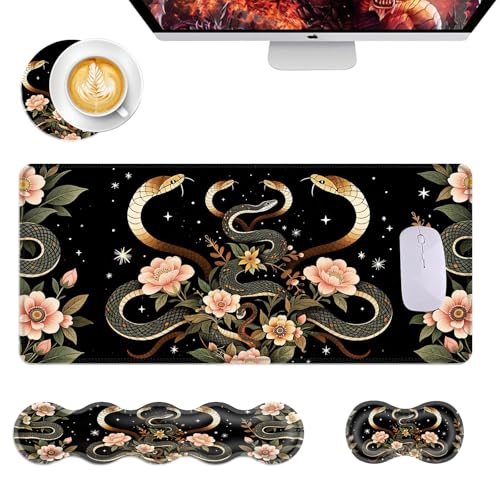 Mouse Pad,Large Desk Mat Set, 4in1 XL Mousepad + Keyboard Wrist Rest+Mouse Wrist Rest+Coaster with Ergonomic Desk Pad for Home Office Table Computer Cover -Aesthetic Snake Floral - color: Aesthetic Snake Floral