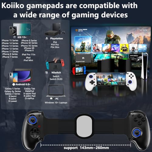 Koiiko Mobile Cloud Gaming Controller for iPhone 16/15/14, iPad, Tablet, Android/PC/Switch1/2 Gamepad Joystick with Turbo, Streaming on PS/Xbox/PC, Hall Trigger Black - color: black